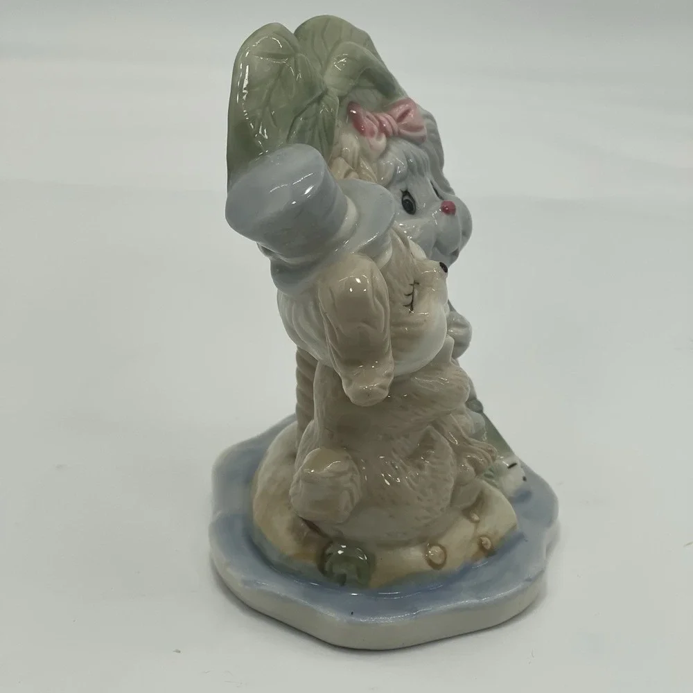 Vintage Porcelain Dogs Puppy Love Figurines Island Tropical Palm Tree Bow‎ Hat